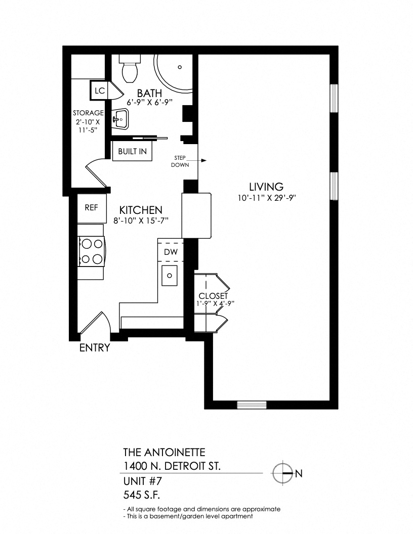 Floor plan for studio, 1 bath, 545 sqft